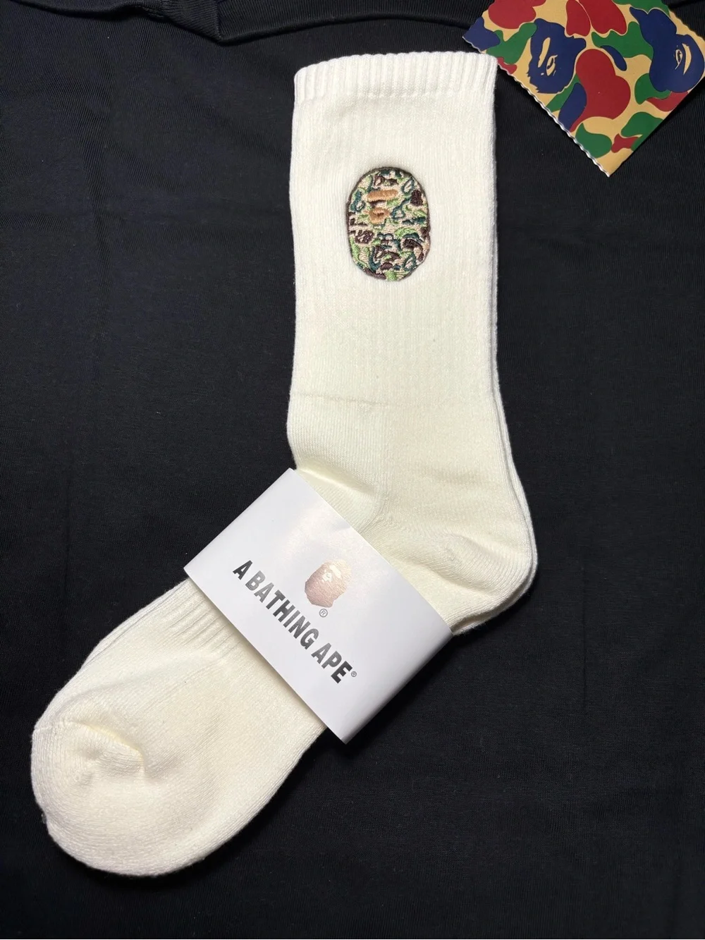 White Crew Socks with Camo Ape Head new